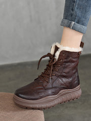 Women Retro Leather Solid Fleece-lined Platfrom Boots