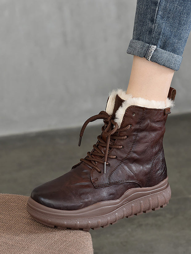 Women Retro Leather Solid Fleece-lined Platfrom Boots