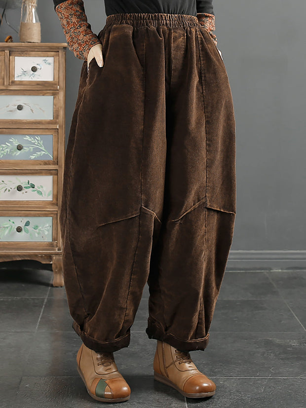 Women Retro Solid Corduroy Spliced Harem Pants