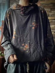 Women Vintage Flower Loose Hooded Sweatshirt