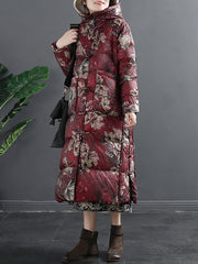 Women Vintage Flower Print Hooded Long Down Coat