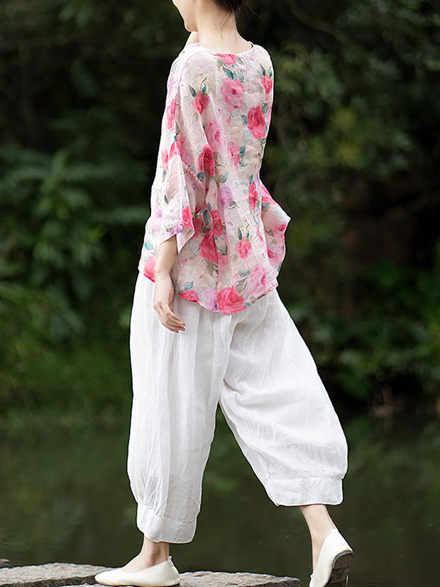 Ramie Summer Elastic Waist Loose Pants