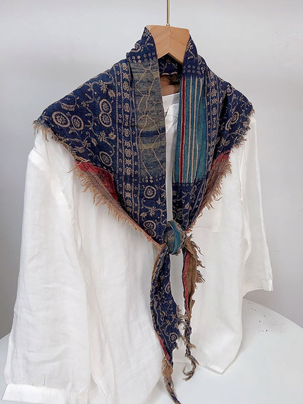 Women Vintage Flower Print Tassel Triangle Scarf
