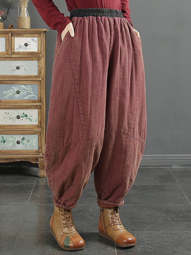 Women Retro Solid Thicken Padded Harem Pants