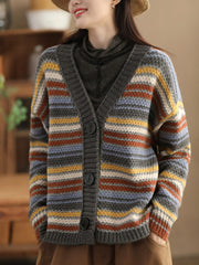 Women Vintage Colorful Stripe Jacqaurd Wool Sweater Coat
