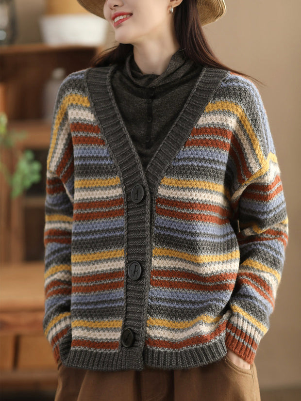 Women Vintage Colorful Stripe Jacqaurd Wool Sweater Coat