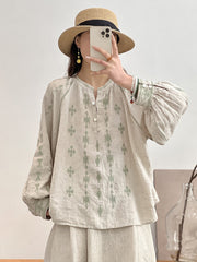Women Ethnic Print Spring Loose Linen Shirt