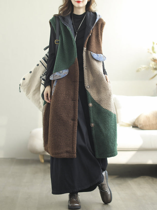 Women Autumn Casual Colorblock Hooded Vest Coat