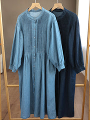 Women Vintage Solid Flod Loose Denim Dress