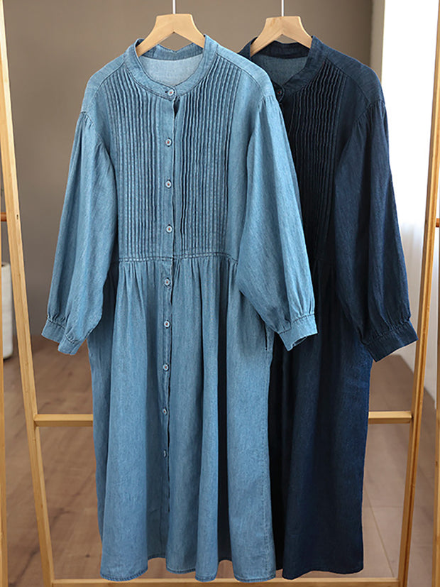 Women Vintage Solid Flod Loose Denim Dress