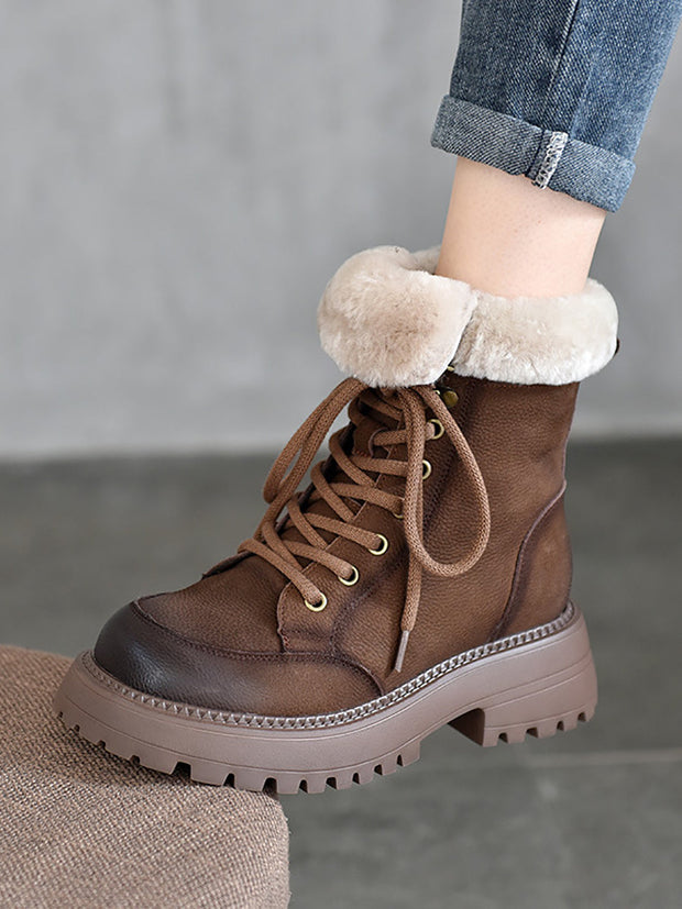 Women Vintage Leather Fleece-lined Platform Boots