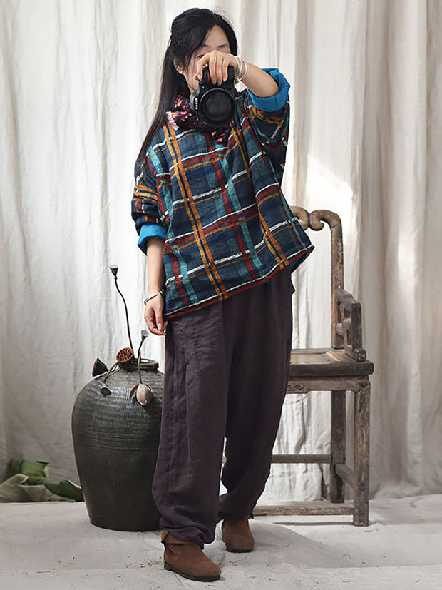Women Winter Ethnic Floral Plaid Padded Coat