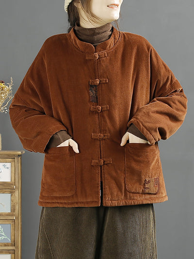 Women Vintage Spliced Corduroy Padded Jacket