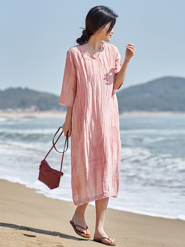 Women Casual Solid V-Neck Loose Linen Dress