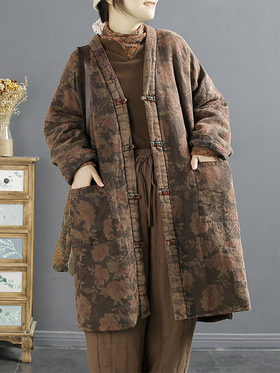 Women Vintage Floral Worn V-neck Linen Padded Coat