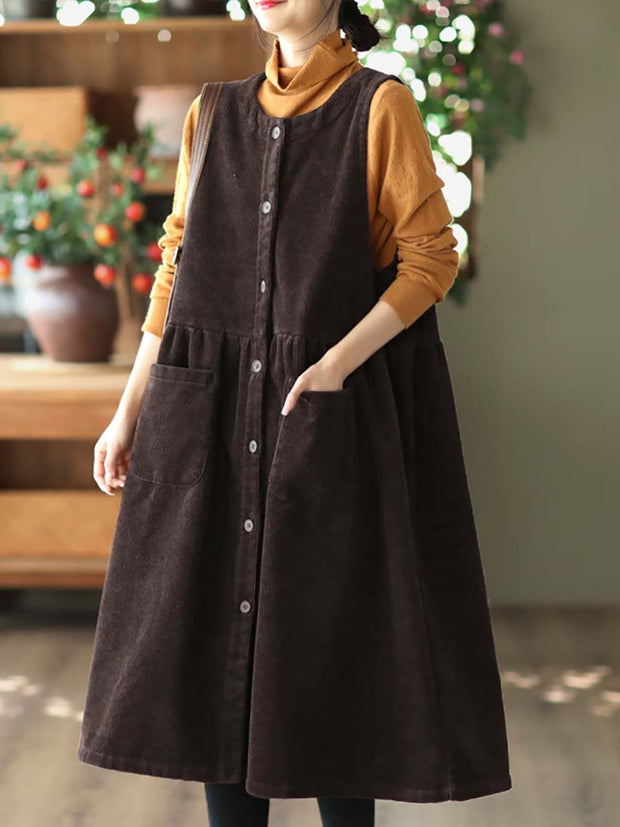 Women Vintage Corduroy Solid Button Vest Dress