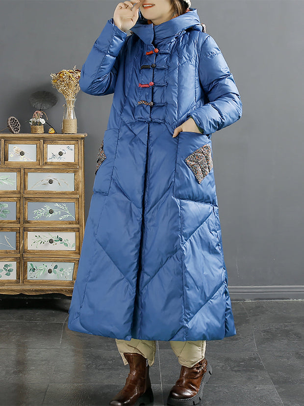 Women Ethnic Patch Spliced Long Hooded Down Coat