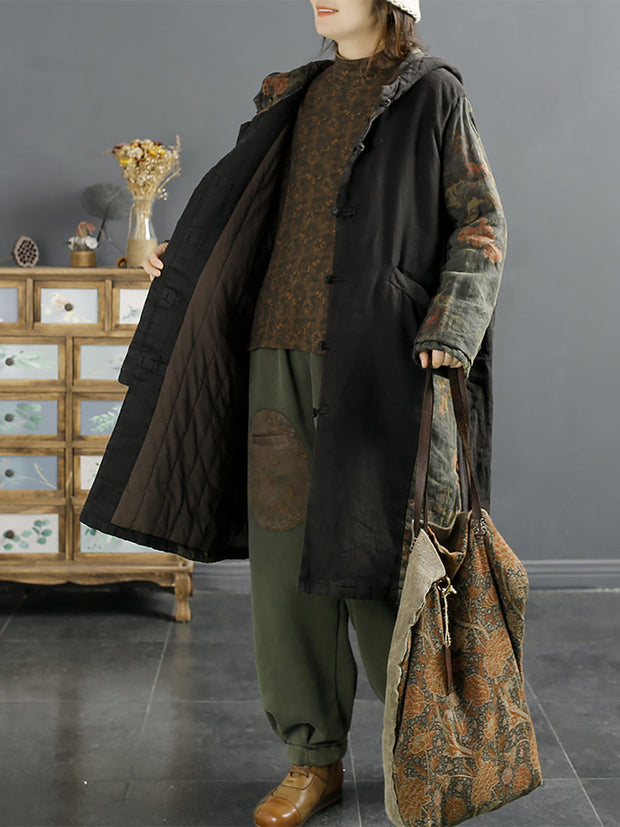 Women Retro Spliced Linen Hooded Padded Coat