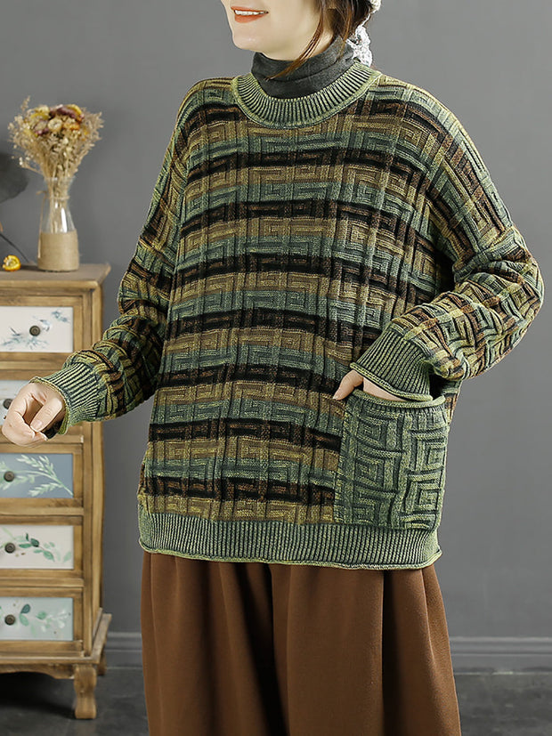 Women Winter Retro Stripe Jacquard O-Neck Sweater