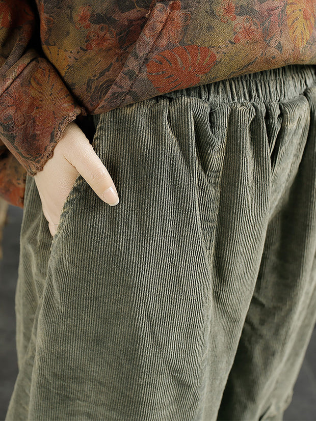 Women Retro Solid Corduroy Spliced Harem Pants