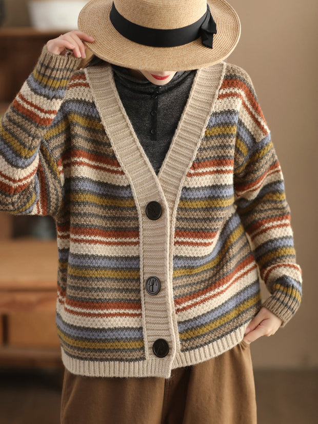 Women Vintage Colorful Stripe Jacqaurd Wool Sweater Coat