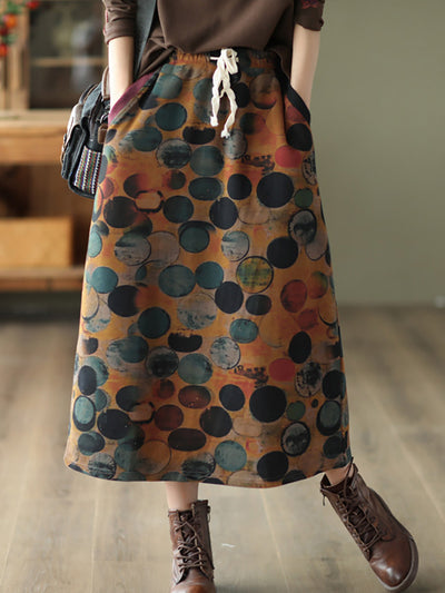 Plus Size Women Vintage Print Elastic Waist Back Slit A-Line Skirt