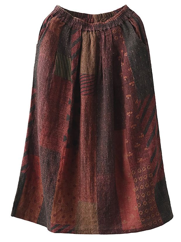 Women Spring Retro Floral Pocket Elastic Waist Loose Skirt