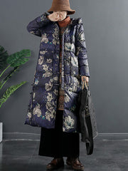 Women Vintage Flower Print Hooded Long Down Coat