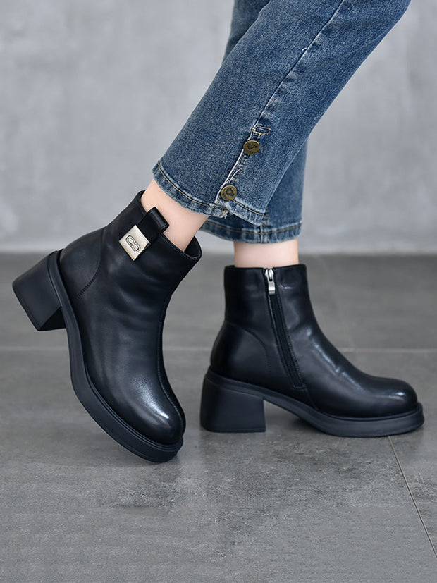Women Winter Genuine Leather Chunky Heel Boots