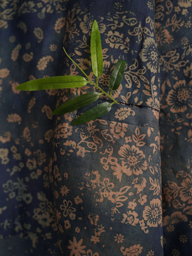 Women Ethnic Winter Flower Print Linen Padded Coat