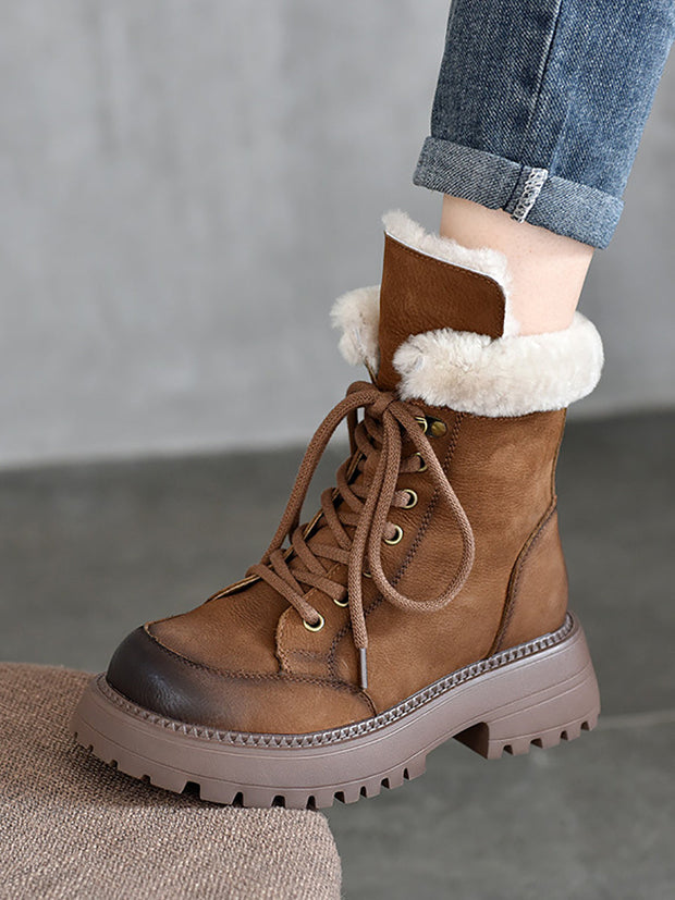 Women Vintage Leather Fleece-lined Platform Boots