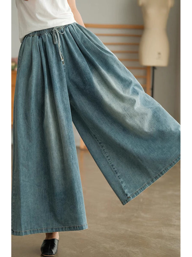 Women Casual Worn Solid Soft Wide-leg Denim Pants
