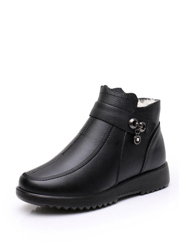 Women Winter Vintage Solid Leather Fleece-lined Boots