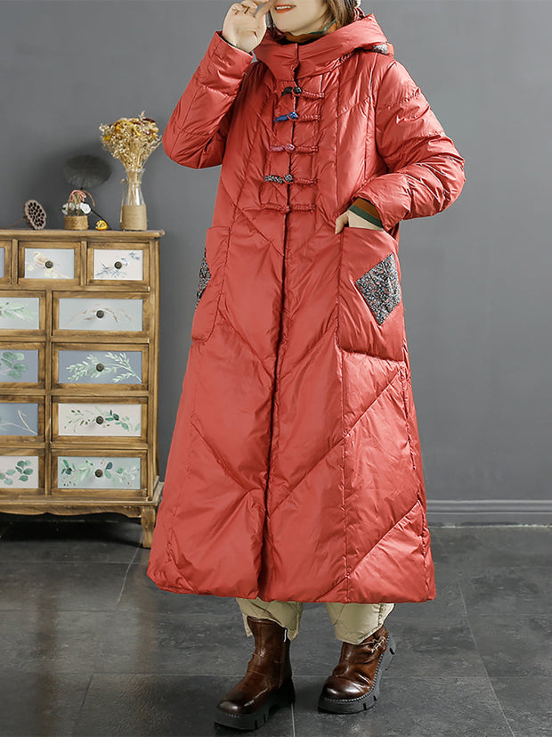Women Ethnic Patch Spliced Long Hooded Down Coat