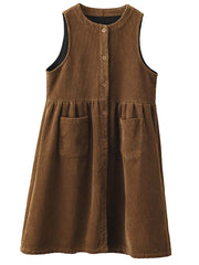 Women Vintage Corduroy Solid Button Vest Dress