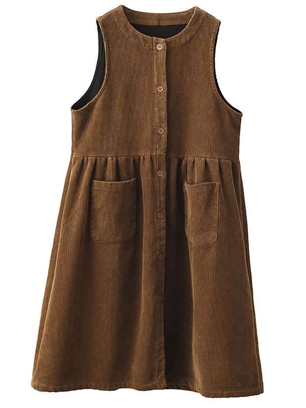 Women Vintage Corduroy Solid Button Vest Dress
