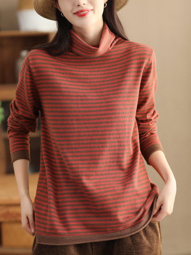 Women Casual Stripe Turtleneck Wool Warm Sweater