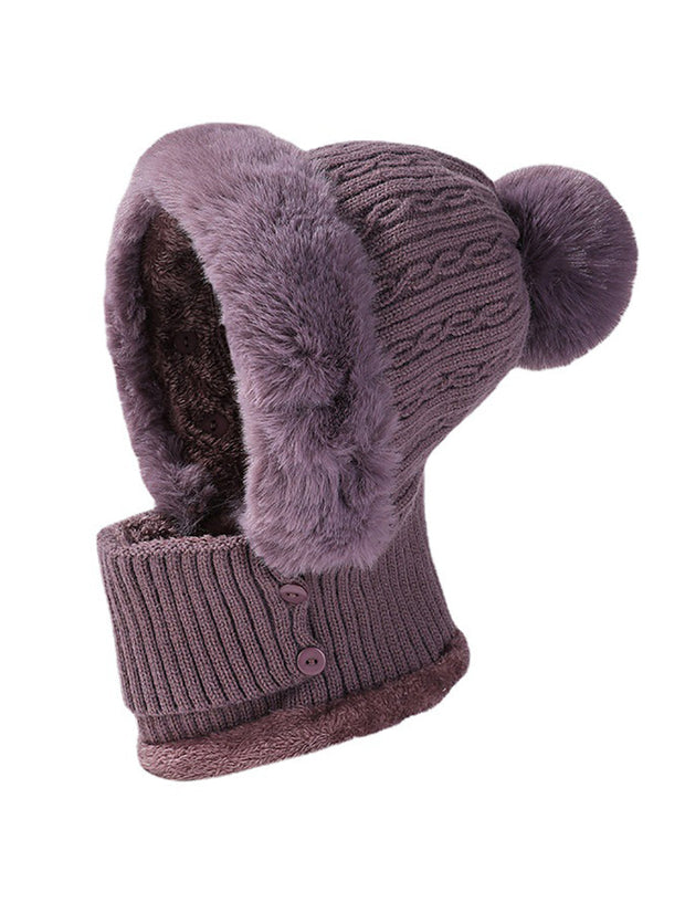 Women Winter Plush Spliced Knitted Scarf Hat