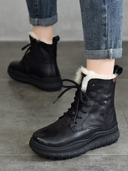 Women Retro Leather Solid Fleece-lined Platfrom Boots