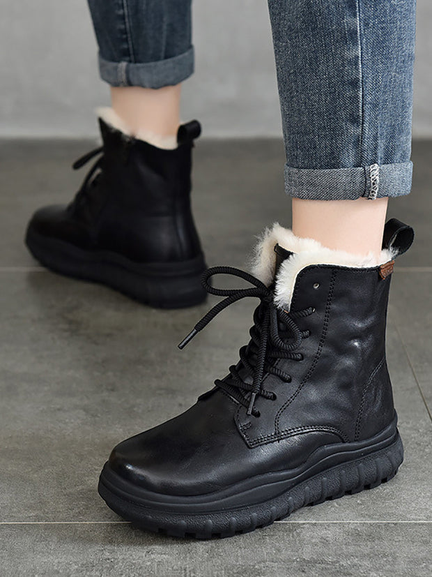 Women Retro Leather Solid Fleece-lined Platfrom Boots