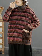 Women Winter Retro Stripe Jacquard O-Neck Sweater
