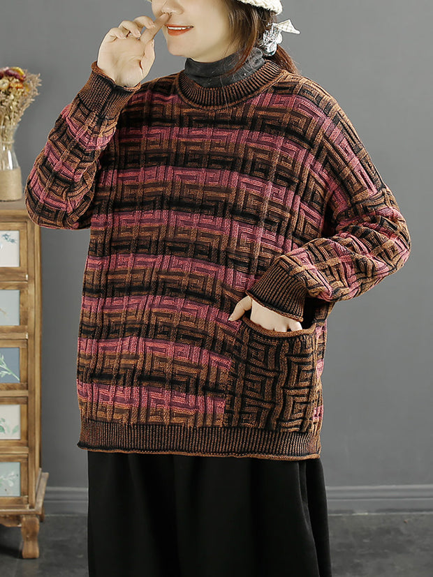 Women Winter Retro Stripe Jacquard O-Neck Sweater