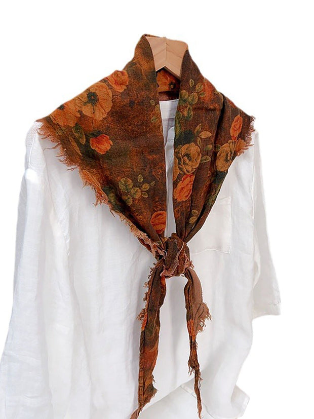 Women Vintage Flower Print Tassel Triangle Scarf