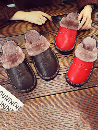 Couple Winter Vintage Leather Plush Indoor Slippers