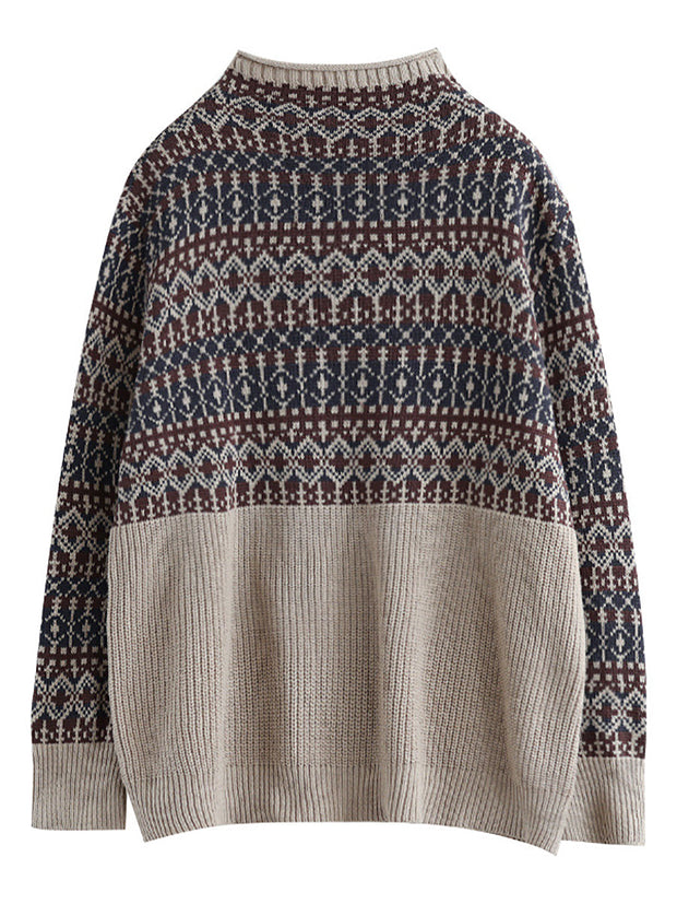 Women Vintage Spliced Turtleneck Knitted Sweater
