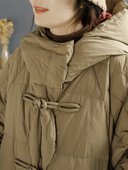 Women Vintage Solid Buckle Long Hooded Down Coat