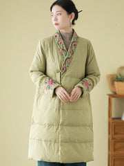 Women Winter Ethnic Embroidery Long Down Coat