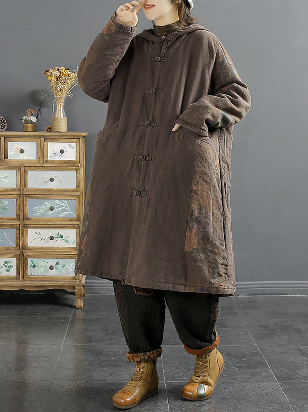 Women Retro Spliced Linen Hooded Padded Coat