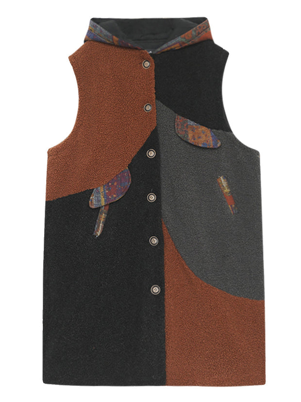 Women Autumn Casual Colorblock Hooded Vest Coat
