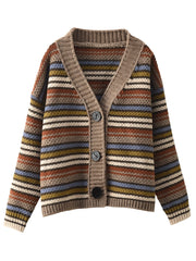 Women Vintage Colorful Stripe Jacqaurd Wool Sweater Coat